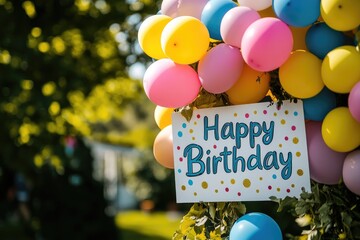 Happy birthday sign surrounded by colorful balloons at an outdoor party
