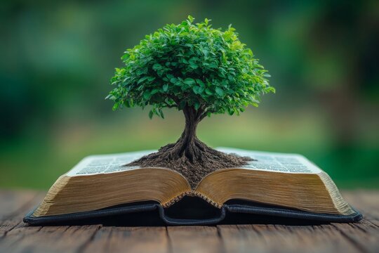 Tree growing out of an open bible on a wooden table with blurred background, Generative AI