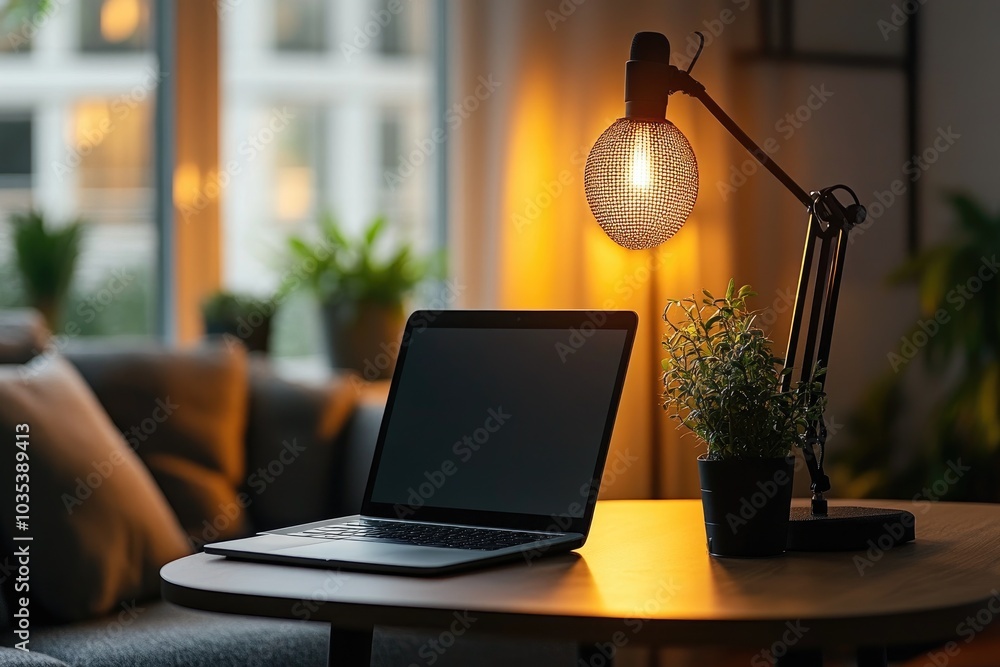 Poster comfortable workplace setup for working or studying from home with warm light