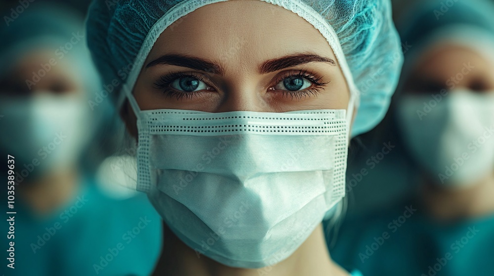 Aufkleber Surgeons wearing surgical masks and gloves preparing for a procedure in a high-tech operating room Stock Photo with side copy space