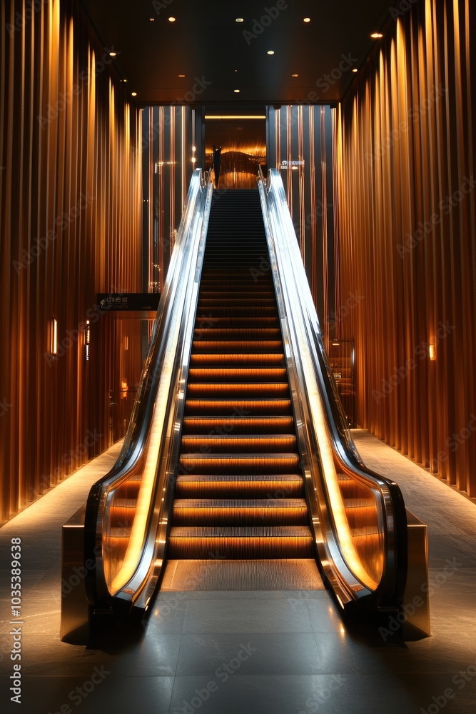 Poster modern escalator in luxurious hotel lobby leading to unknown destination