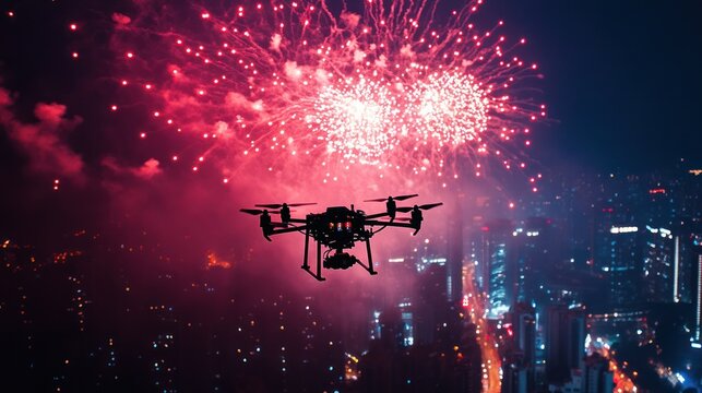 A drone fireworks display lighting up the night sky with intricate patterns and bright colors
