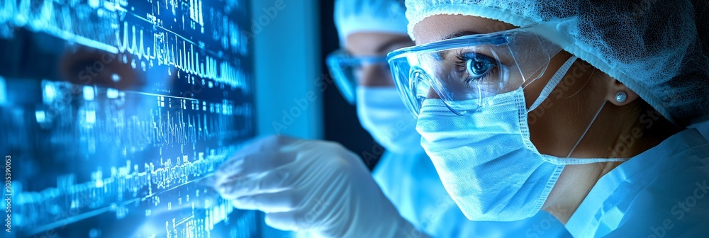Poster surgeons wearing surgical masks and gloves preparing for a procedure in a high-tech operating room s