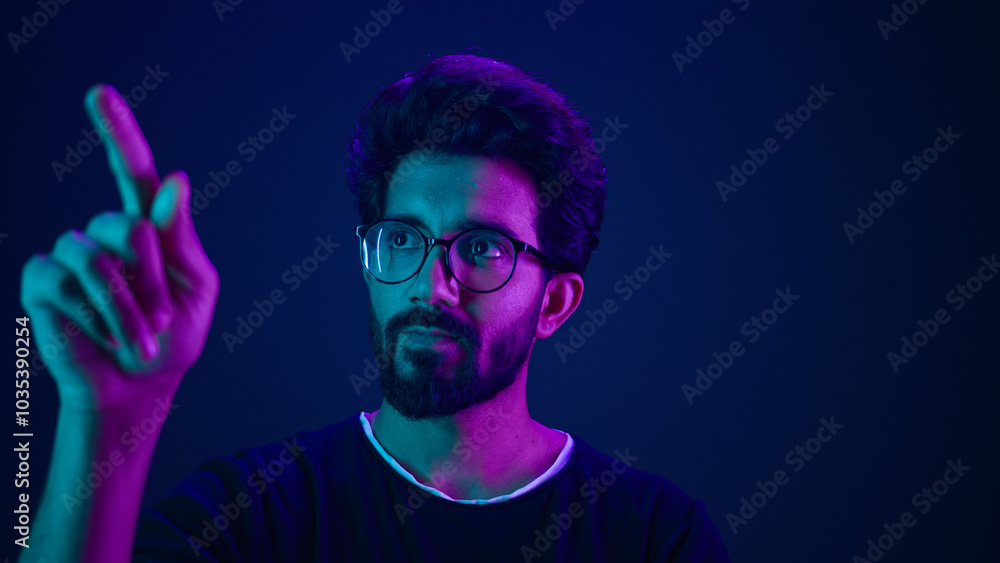 Aufkleber infographic hologram backdrop template ultraviolet neon background pensive man hi-tech programmer en