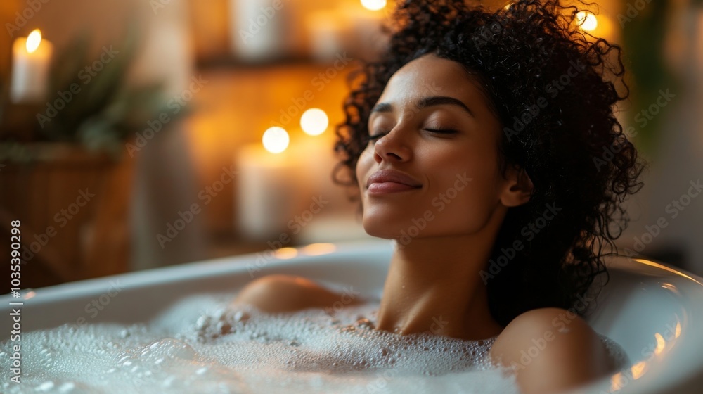 Aufkleber a woman basks in the tranquility of a bubble bath, surrounded by softly glowing candles. her express