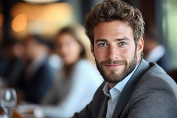 Fototapeta premium Happy businessman looking at the camera in a boardroom, Generative AI