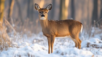 Obraz premium Young white-tailed deer standing in the snow on a sunny winter day