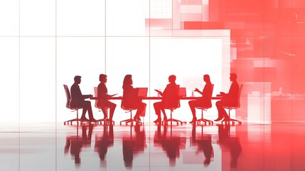 A high-resolution, photorealistic image of business people sitting around a table in an office meeting room with a white background
