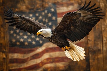 Fototapeta premium Majestic bald eagle soaring with american flag background