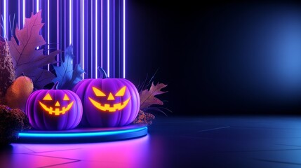 Futuristic Halloween scene with glowing jack-o'-lanterns, neon lights, and metallic decorations in a sci-fi setting
