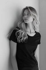Naklejka premium Black-and-white photograph of a blonde woman wearing a black T-shirt, leaning against a wall, Generative AI