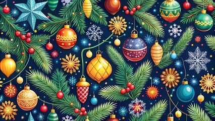 Festive Christmas Pattern with Ornaments and Trees for Holiday Decor, Seamless Design