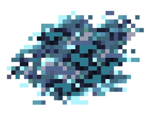 Abstract shape of pixel spot in blue halftones isolated on white. Modern vector design element for postcard, cover, mobil apps, web banner, printing on t-shirts, home textile, fabric, package.