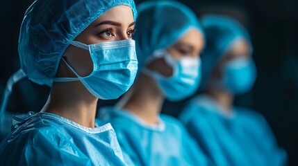 Medical team discussing patient recovery in a clean hospital ward Stock Photo with side copy space