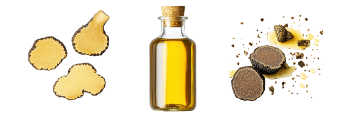 Black Truffle Oil in Bottle with Sliced Truffles and Shavings