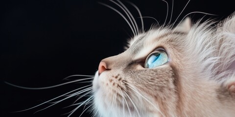 Adorable blue-eyed kitten face close up on black background with space for copying