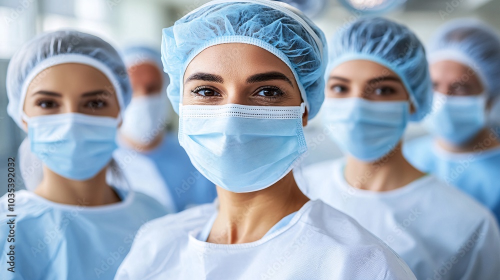 Poster Surgeons performing a critical procedure under bright lights in a clean operating room Stock Photo with side copy space