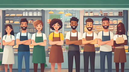 A group of people are standing in a bakery, smiling and posing for a picture