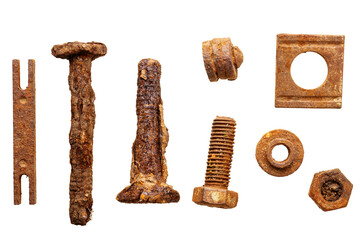 Collection of rusty bolts, screws, and nuts isolated on a white background. Design elements. Metal detecting finds.