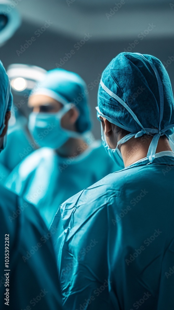 Poster doctors in a sterile hospital environment using advanced technology for diagnosis stock photo with s