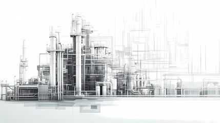 A horizontal banner with units for the oil industry. A 3D illustration of an architecture building based on imagination