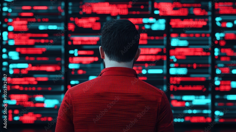 Poster a person in a red shirt observes data displays with red and blue visuals on screens, creating a high