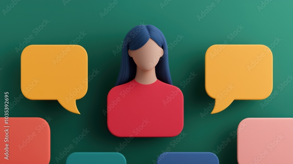 Poster a colorful, abstract representation of a person surrounded by speech bubbles, symbolizing communicat