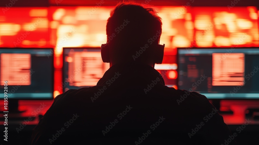 Poster a silhouette of a person in front of multiple monitors, bathed in red light, suggesting a high-tech,