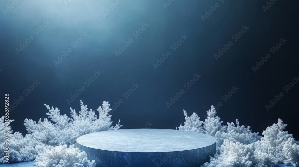 Aufkleber a circular podium stands in a tranquil setting, surrounded by frosted vegetation. the dim blue light