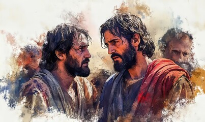 Betrayal and arrest. Life of Jesus. Digital watercolor painting, Generative AI