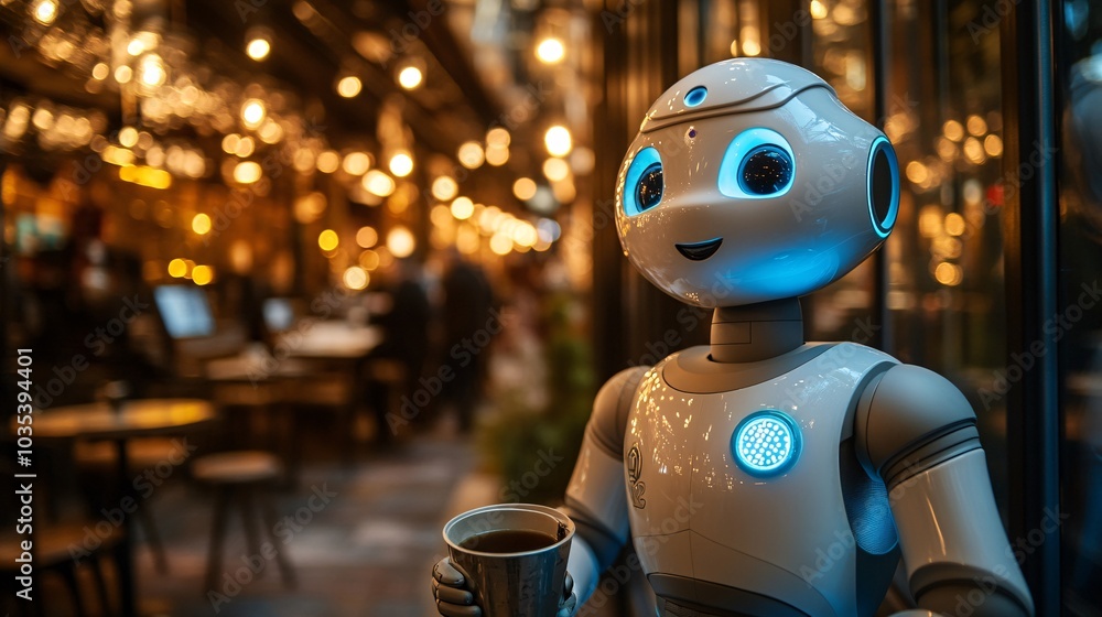 Poster friendly humanoid robot serving coffee in a sleek modern cafe with a bright ambiance stock photo wit