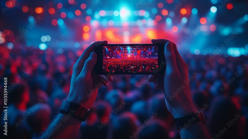 Poster a person captures a lively concert scene with their smartphone, showcasing a packed audience illumin