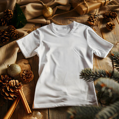 Mockup of a white t-shirt lying on the cosy holiday table.  white t-shirt lying on the home table. Mockup of a white t-shirt lying on holiday bed. White t-shirt lying on the cosy home bed.