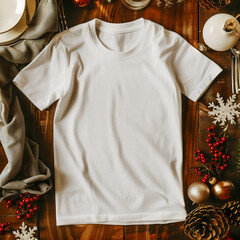 Mockup of a white t-shirt lying on the cosy holiday table.  white t-shirt lying on the home table. Mockup of a white t-shirt lying on holiday bed. White t-shirt lying on the cosy home bed.