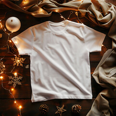 Mockup of a white t-shirt lying on the cosy holiday table.  white t-shirt lying on the home table. Mockup of a white t-shirt lying on holiday bed. White t-shirt lying on the cosy home bed.