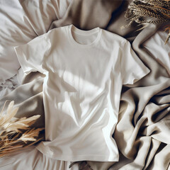 Mockup of a white t-shirt lying on the cosy holiday table.  white t-shirt lying on the home table. Mockup of a white t-shirt lying on holiday bed. White t-shirt lying on the cosy home bed.