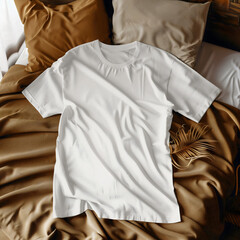 Mockup of a white t-shirt lying on the cosy holiday table.  white t-shirt lying on the home table. Mockup of a white t-shirt lying on holiday bed. White t-shirt lying on the cosy home bed.