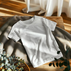 Mockup of a white t-shirt lying on the cosy holiday table.  white t-shirt lying on the home table. Mockup of a white t-shirt lying on holiday bed. White t-shirt lying on the cosy home bed.