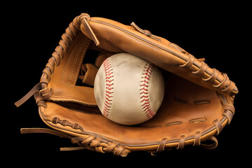 A classic brown baseball glove cradling a white baseball, set against a black background. Perfect for sports and baseball-themed content.