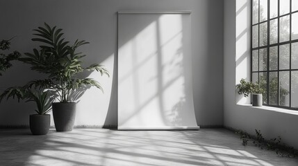 Fototapeta premium Minimalistic Studio Displaying a Blank Roll-Up Banner Ideal for Advertising and Promotion in Modern Space