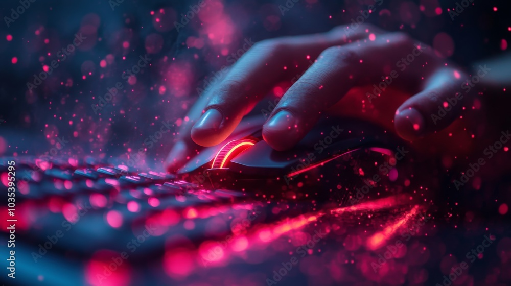 Aufkleber A hand grips a gaming mouse while resting next to a backlit keyboard, with glowing red lights illuminating the workspace in a dynamic manner.