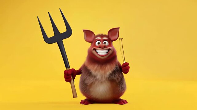 cartoonish devilish creature smiling widely, holding a large pitchfork in one hand and a tiny fork in the other, standing against a bright yellow background