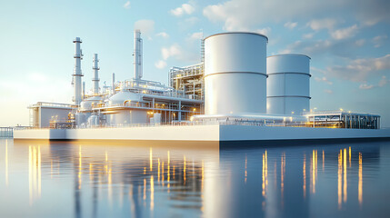 Fototapeta premium A horizontal banner with units for the oil industry. A 3D illustration of an architecture building based on imagination