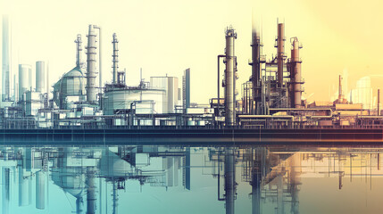 Fototapeta premium A horizontal banner with units for the oil industry. A 3D illustration of an architecture building based on imagination