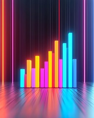 Vibrant 3D bar graph with neon lights and reflections