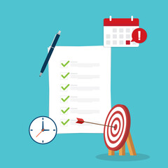 Meeting agenda. Reminder with a event list and schedule. Presentation with memo, Assignment target. Clipboard, checklist. Project task management and effective time.