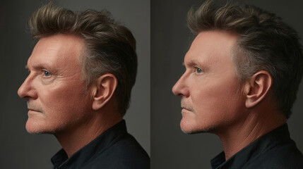 Fototapeta premium The left side of the man's face shows signs of aging, while the right side showcases the effects of cosmetic procedures, demonstrating rejuvenation, facelift and facial surgery, botox, threads, filler