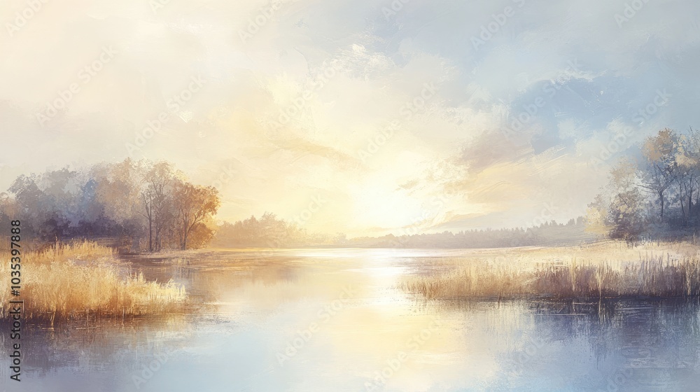 Poster a serene landscape canvas print with soft pastel tones, ideal for creating a calming atmosphere in a