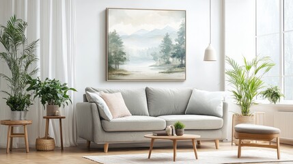 A serene landscape canvas print with soft pastel tones, ideal for creating a calming atmosphere in a contemporary living room