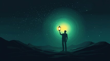 Silhouette of a man holding a lantern under a starry night sky.